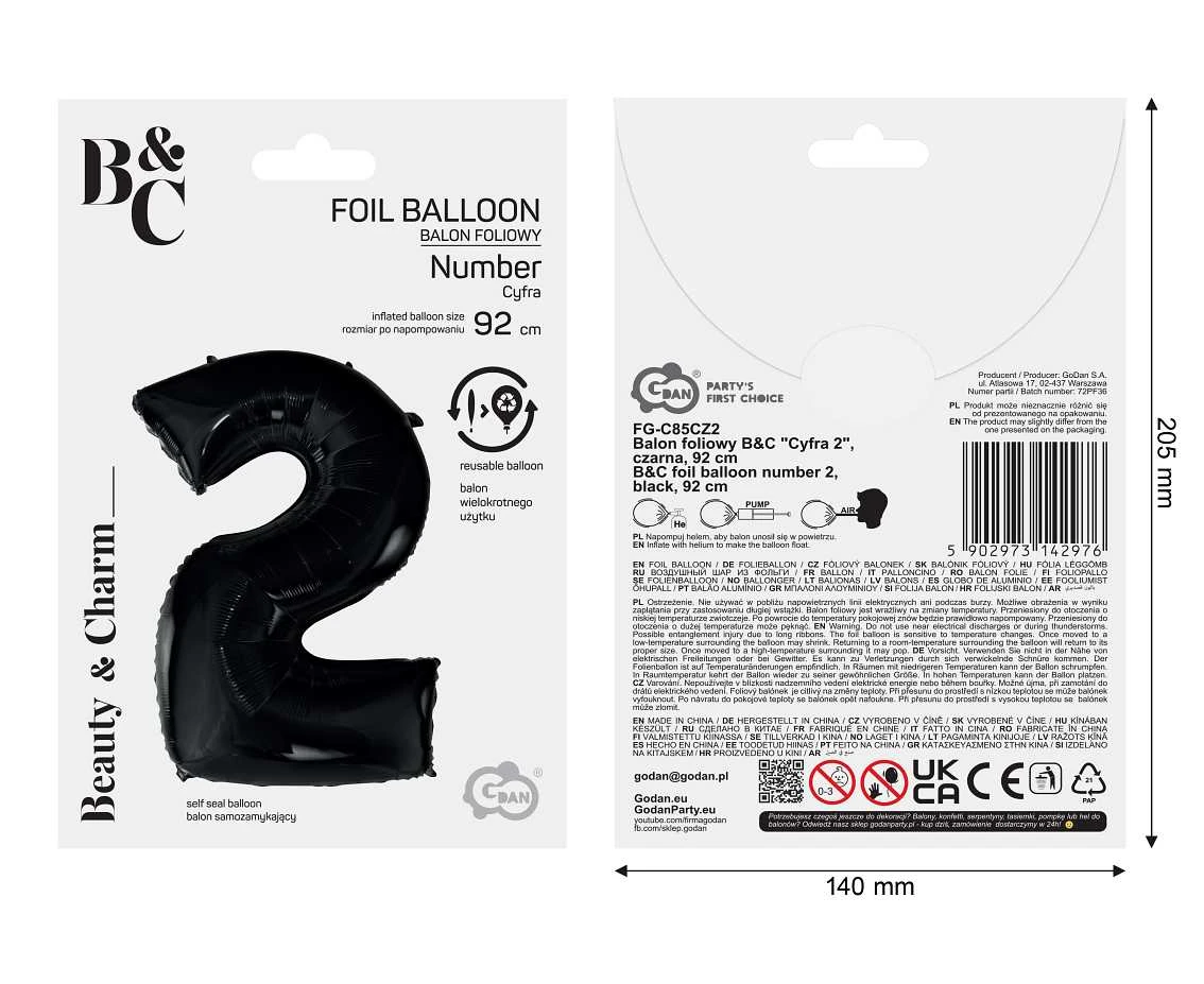 Balon foliowy B&C Cyfra 2 czarna, 92 cm AA